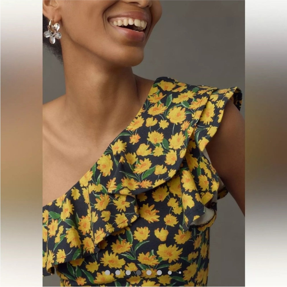 NWT Anthropologie Maeve One Shoulder Ruffled Top Yellow Floral Size Medium - Picture 3 of 10